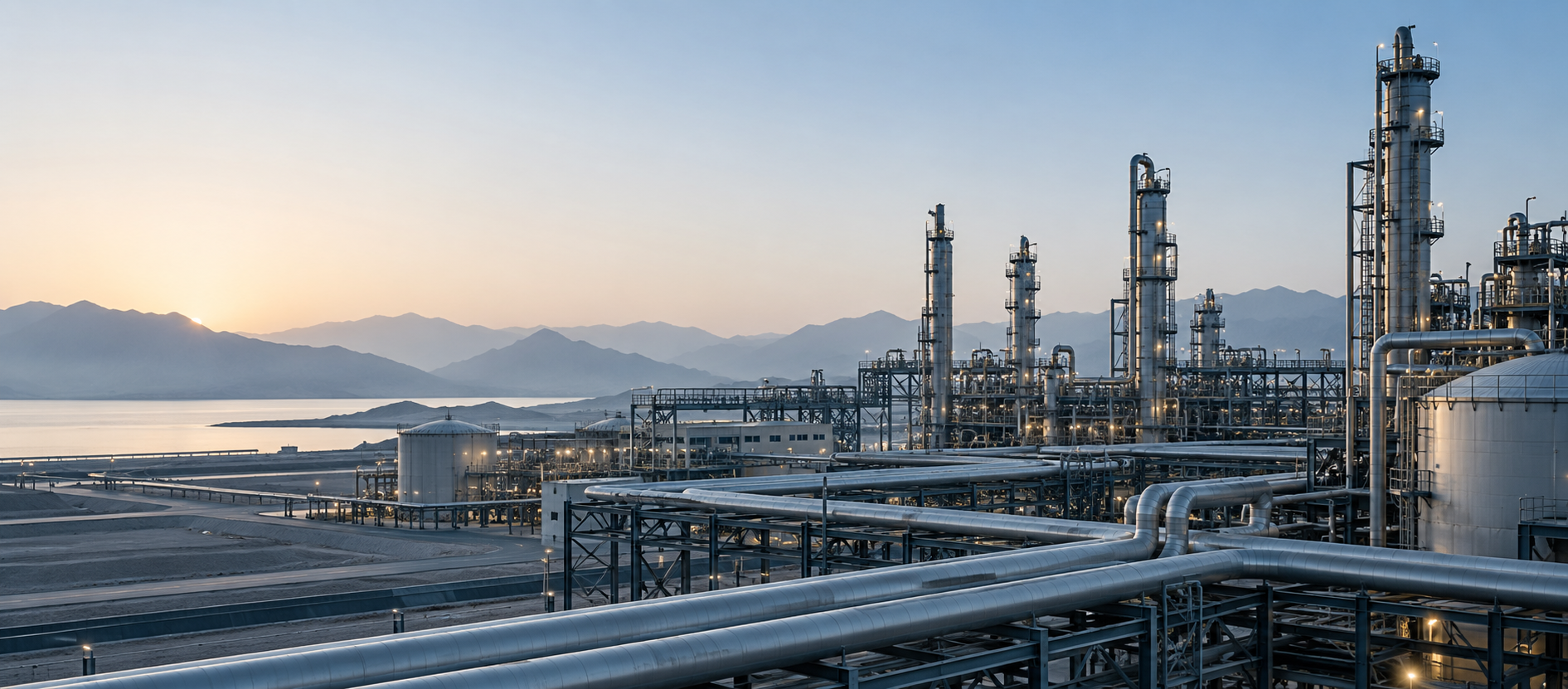 A modern energy processing facility framed by mountains and coast at dawn