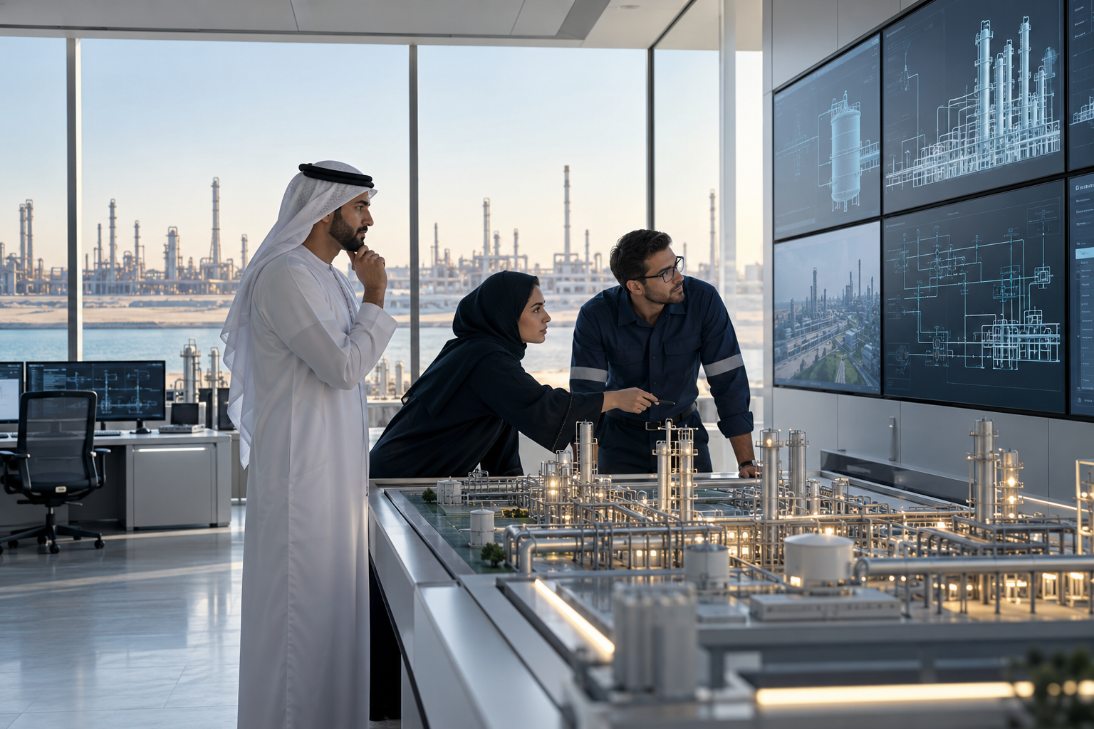 Engineers reviewing industrial process information in a modern operations room